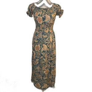 NWT Patrons of Peach Blue Floral Print Smocked Short Sleeve Maxi Dress Small